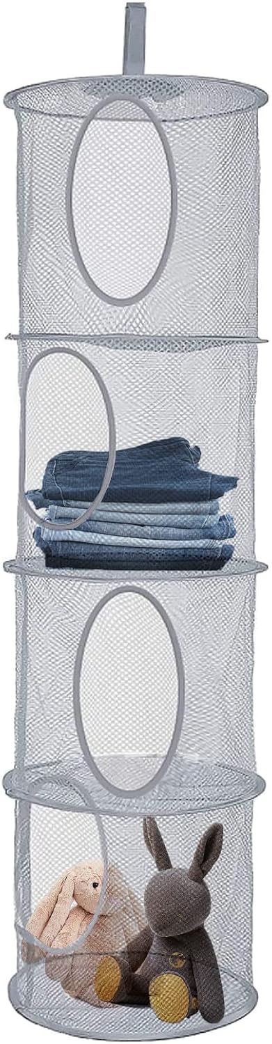 Hanging Mesh Storage Net, 4 Tier Compartments Foldable Hanging Soft Toy Storage Basket Mesh Storage Bag, Space Saving Organizer for Toys Clothes Sundries (Gray)