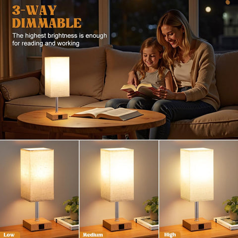 Aooshine Touch Bedside Lamp with 3-Way Dimmable LED Bulb & USB A+C Charging Ports – Minimalist Table Lamp for Bedroom, Living Room, Kids Room & Study