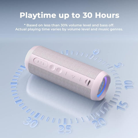Bluetooth speaker with playtime indication on a light blue background
