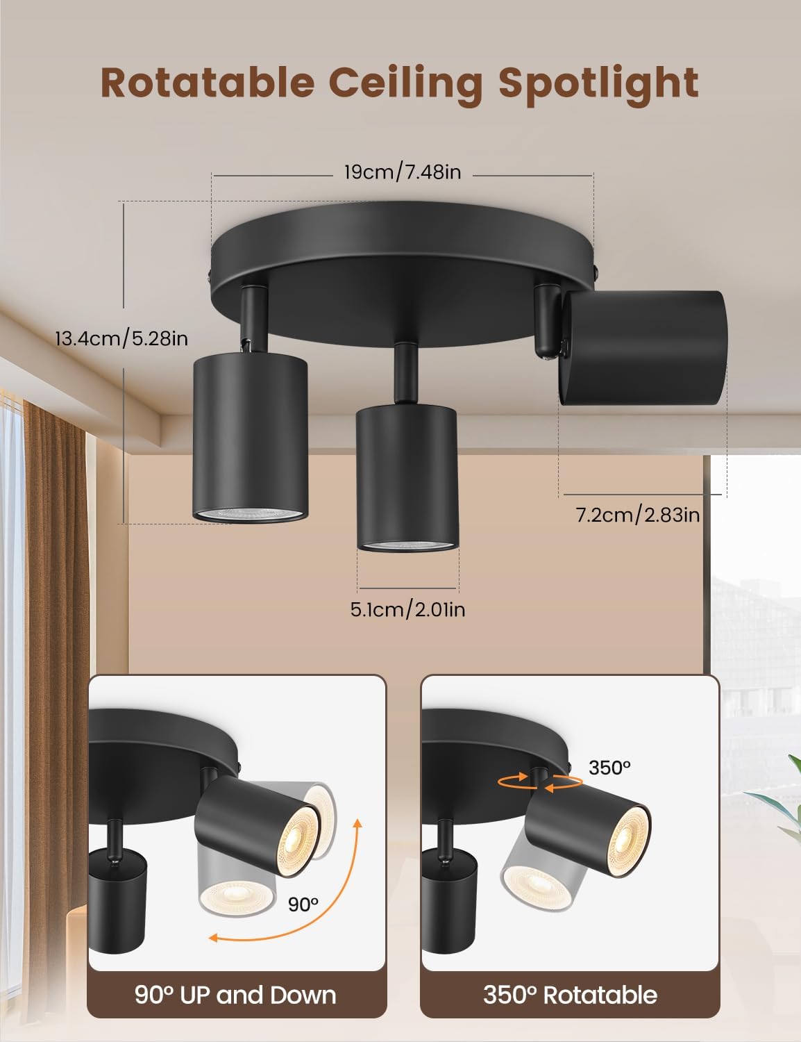 Black rotatable ceiling spotlight with measurements and usage illustrations on a neutral background