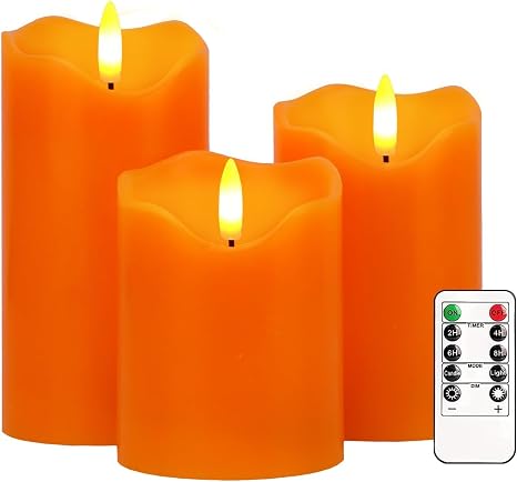 Halloween Flickering Flameless Candles, Set of 3 Candle Lamp with Remote Maple Leaf Battery Operated LED Candle with Timer, Real Wax Pillar Candles Lights Decor for Halloween Fall Thanksgiving Home