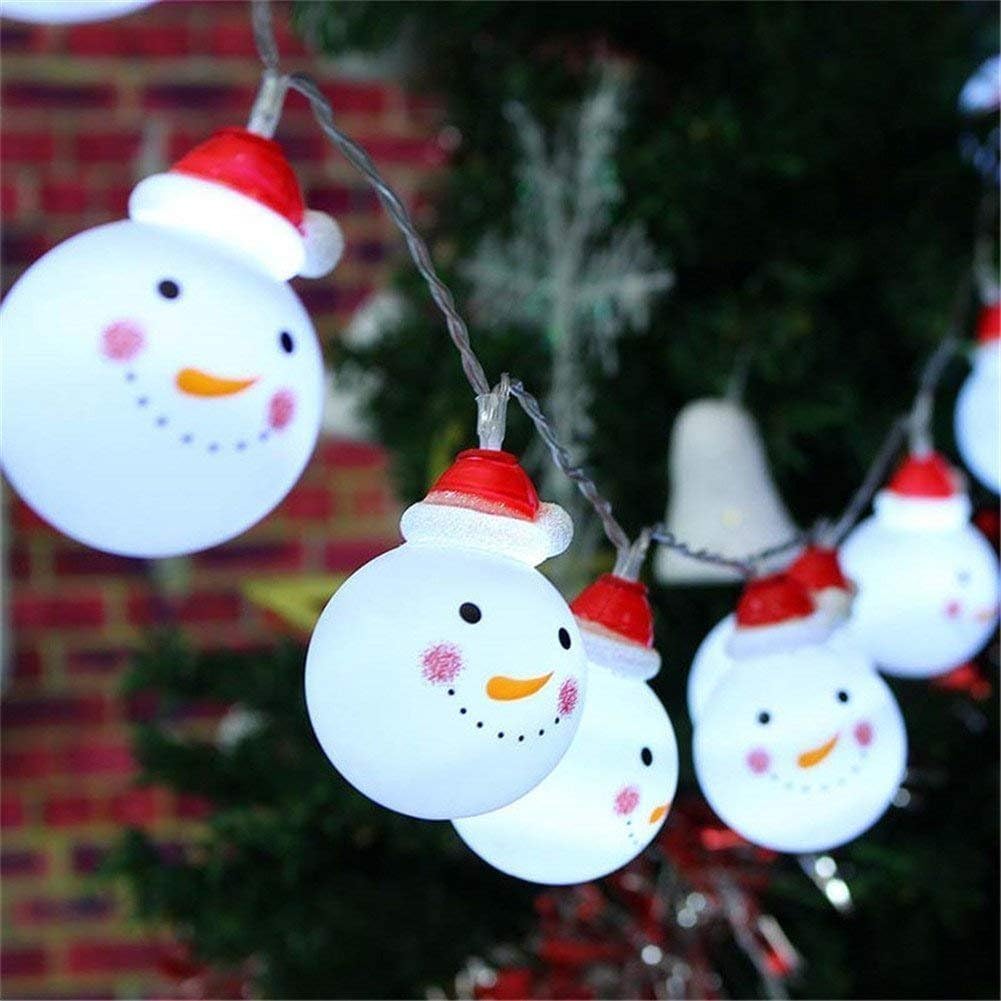 String lights shaped like snowmen with red hats on a Christmas tree.