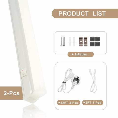 2-Pack T5 LED Under Cabinet Kitchen Lights 2ft 4000K – UK Plug, 9W Cool White with Individual On/Off Switches - Brighten Dark Worktops Without the Wiring Hassle