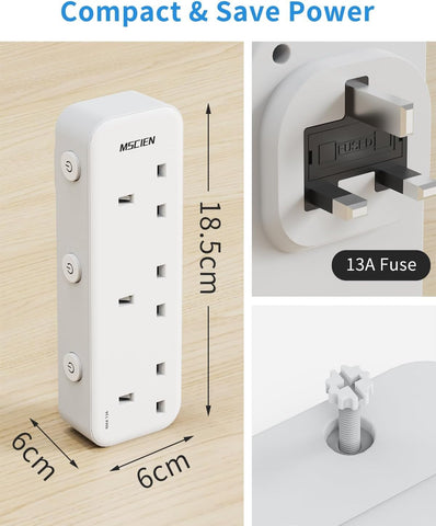 MSCien 3 Gang Plug Adaptor with LED Indicators – 13A 3250W Narrow Multi Plug with Individual Switches - Keep Your Everyday Devices Neatly Powered