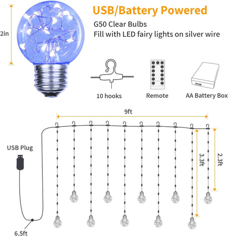 Wishing Ball Curtain Lights 200 LED Blue Fairy String with Remote & USB Power