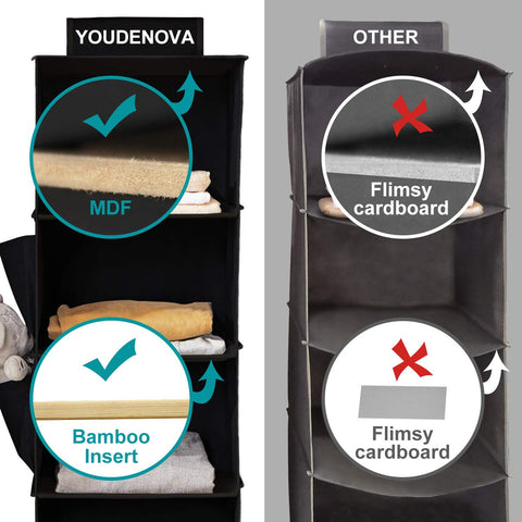 YOUDENOVA Hanging Wardrobe Organiser, 6 Shelves with Side Pockets, Grey – Make Every Shelf Count