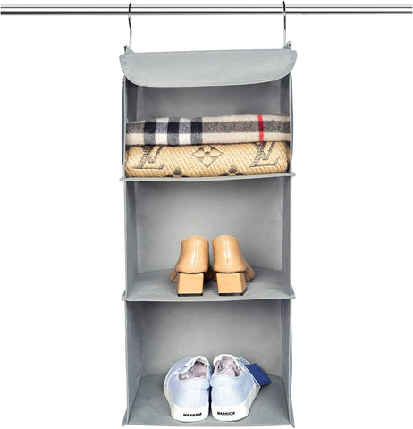 BrilliantJo Hanging Storage with 3 Shelves Wardrobe Closet Organiser, Storage Shelves Unit with 4 Pockets for Clothes Bag Shoes - Grey(30 x 30 x 60cm)