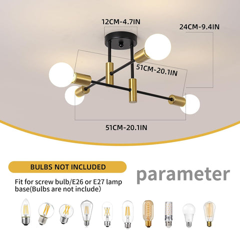 Ceiling light fixture with measurements and bulb compatibility information on a beige background