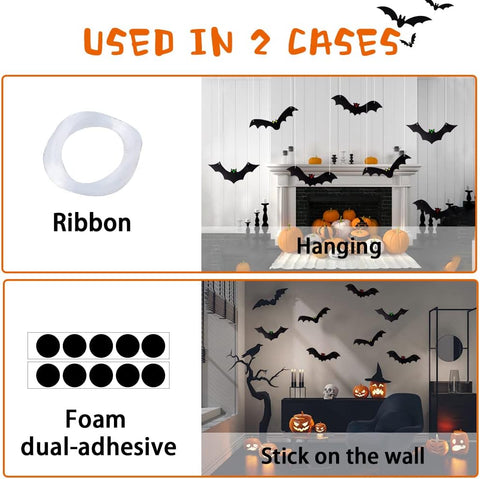 12PCS Halloween Hanging Bats with Glowing Eyes – Waterproof Flying Bat Decorations for Indoor & Outdoor Halloween Party, Garden, Door, Wall & Haunted House Décor