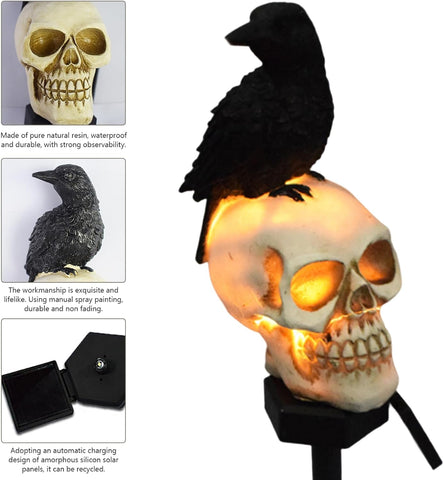 Solar Garden Light for Halloween for 6-8 Hours Solar Powered LED Waterproof Crow Skull Garden Lights Ground Plug-in Halloween Pathway Lights, Look Left, Pathway Lighting