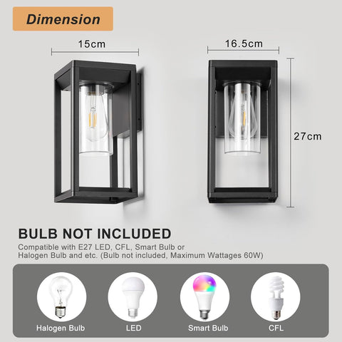 Two outdoor wall lights with dimensions labeled on a gray background, indicating bulb compatibility.