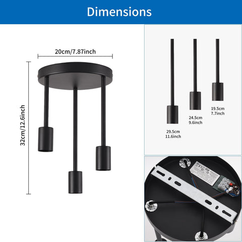 Black ceiling light fixture with dimensions labeled on a white background