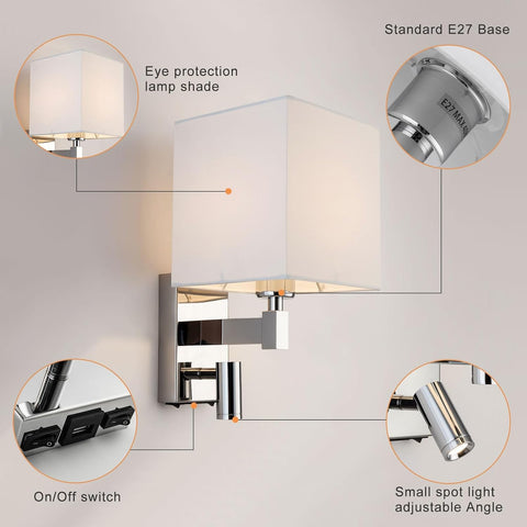 E27 Wall Light with LED Reading Light USB Ports