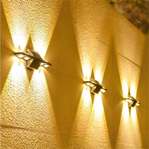SOLARI Pack of 2 Solar Wall Lights Outdoor Split Design 8 LED Polysilicon Warm White Solar IP65 Light. Outdoor Daylight Sensor Garden/House Wall, Staircase, Fence Light. Dusk to Dawn Auto On/Off.