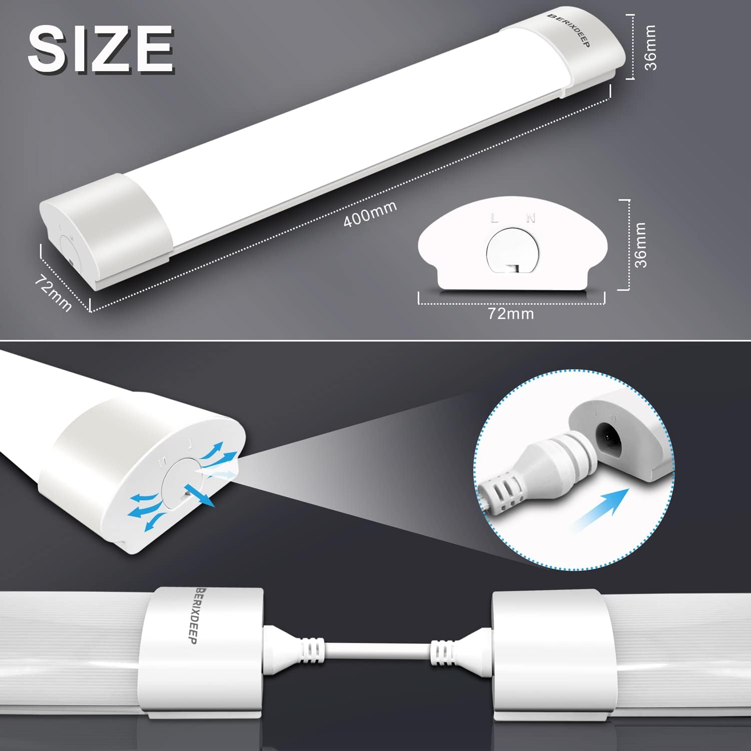 White LED tube light with dimensions and connection illustration on a dark background