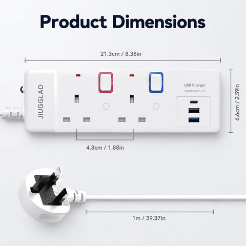 1 Metre Extension Lead with USB Slots – 2 Gang Power Strip with 2 USB-A & 1 USB-C Ports - Keep Everyday Charging Neat, Close & Ready