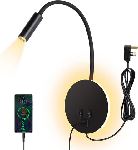 Glowing black lamp with adjustable neck and power cord, featuring a smartphone displaying a battery icon.