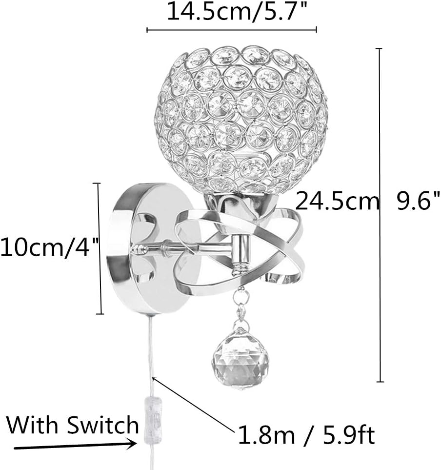 Wall sconce with crystal ball design and dimensions labeled