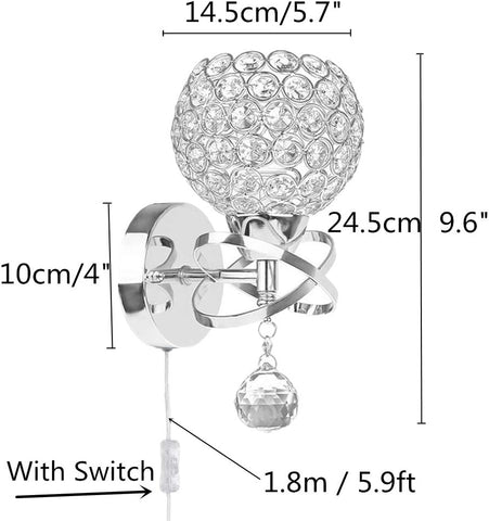 Wall sconce with crystal ball design and dimensions labeled