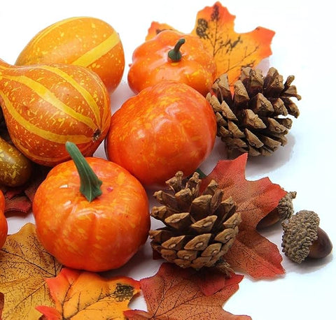 120Pcs Artificial Pumpkins Autumn Decorations Set,Autumn Home Decor Artificial Fall Maple Leaves,Pine Cones,Gourds,Pumpkin,Small Acorns for Thanksgiving Halloween Fall Home Harvest Table Decorations
