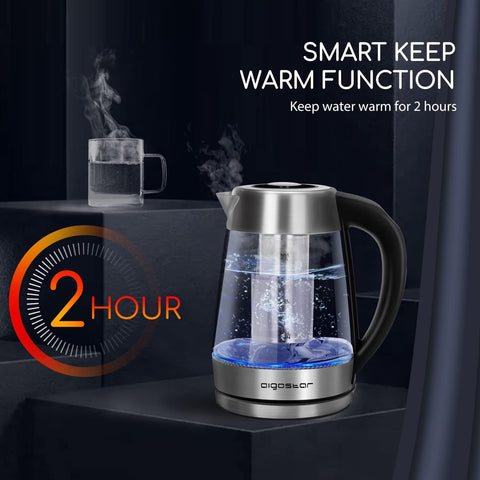 Aigostar Electric Glass Kettle 1.7L Variable Temp, Tea Infuser, Keep-Warm