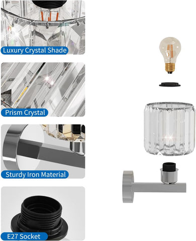 Silver Crystal Wall Lights for Bedroom and Living Room E27 2 Pack