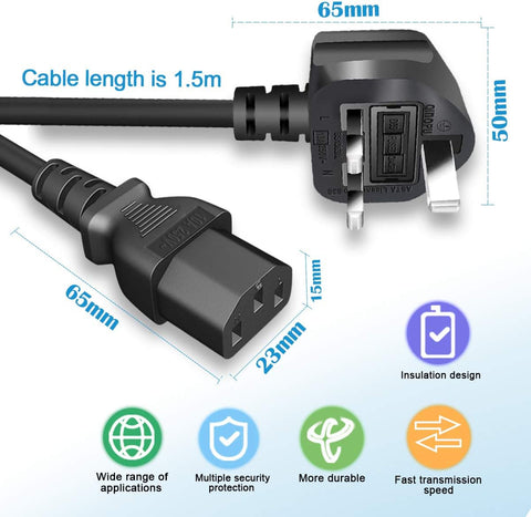 13A Fused 3 Pin Power Cable 1.5m for PC Monitor & TV