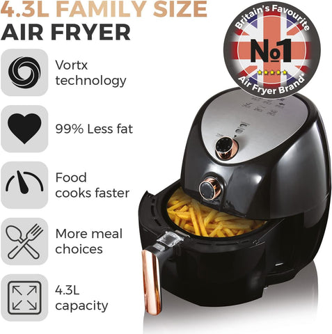 Tower T17021RG Family Size Air Fryer – 4.3L, 1500W, Rapid Air Circulation, 60-Min Timer, Black & Rose Gold