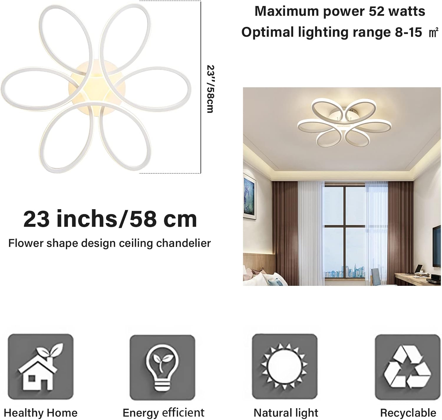 Ceiling chandelier with specifications and features displayed on a white background