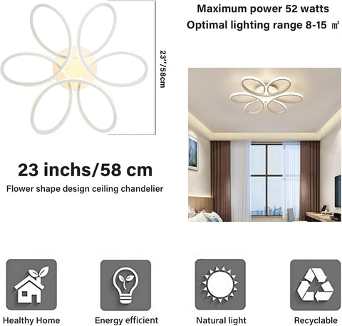 Ceiling chandelier with specifications and features displayed on a white background