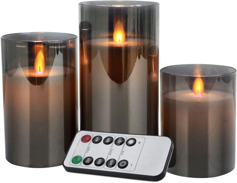 Flameless LED Glass Pillar Candles with Remote & Timer, Real Wax Flickering Wick Battery Operated Candle Set of 3 (4″/5″/6″, Grey)