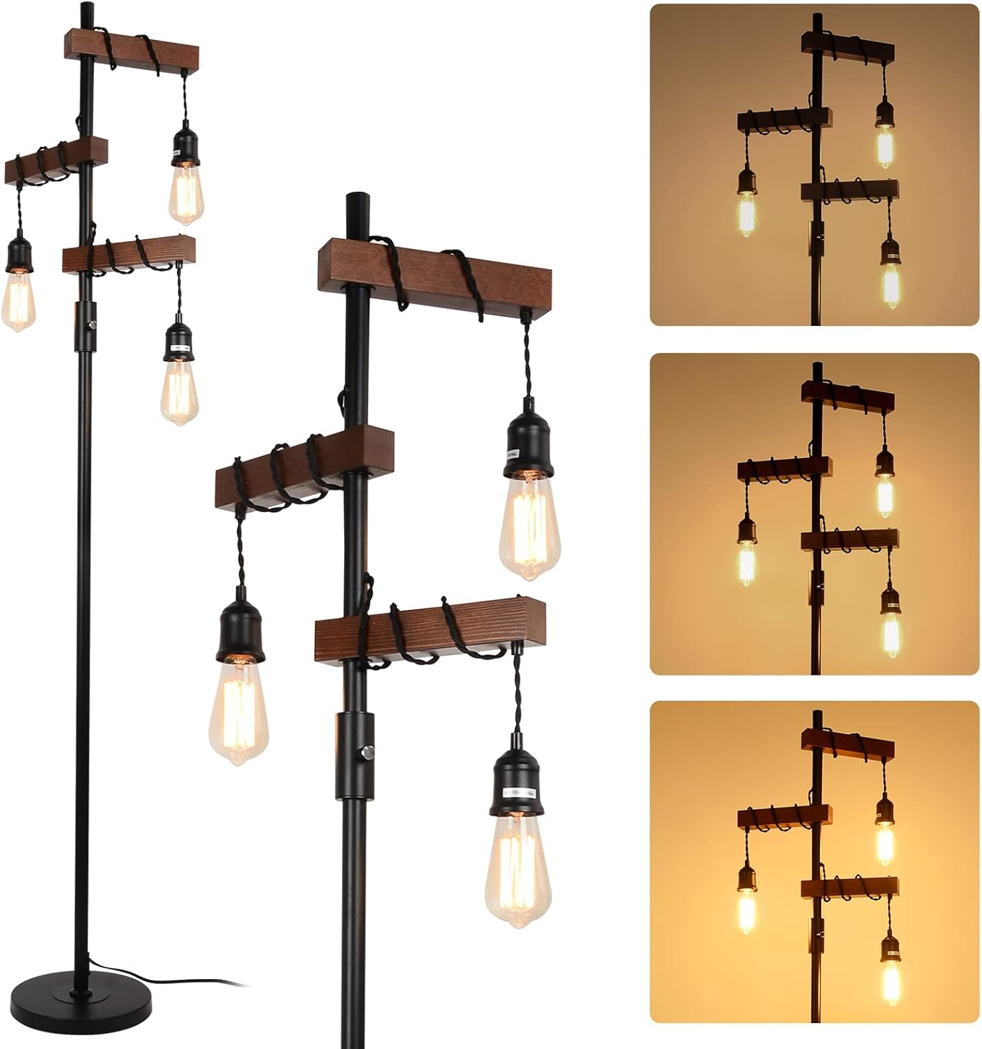 Vintage-style floor lamp with hanging light bulbs on a white background