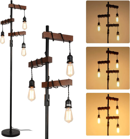 Vintage-style floor lamp with hanging light bulbs on a white background