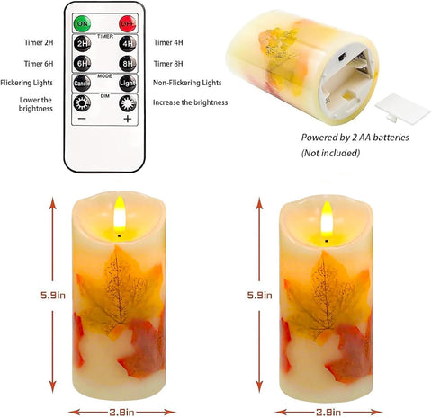 Flameless Pillar Candle Light Set of 2, 6x3 Inch Flickering Real Wax LED Candles with Remote and Timer, Battery Operated, Maple Leaf Design