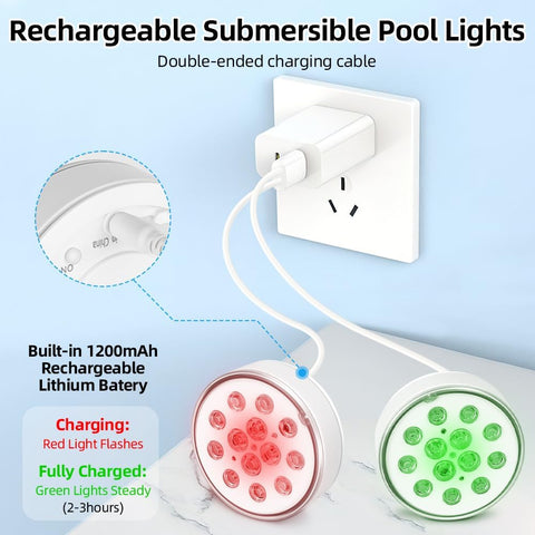 Rechargeable Submersible Pool Lights 2 Pack – IP68 Waterproof LED Underwater Lights with Remote, 16 Colour Changing Modes & Timer for Pools, Hot Tubs, Ponds & Aquariums