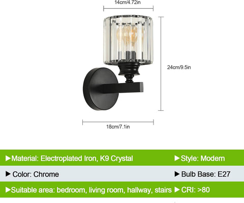 Modern Crystal Wall Light E27 Black Wall Sconce
