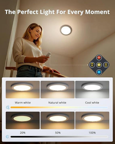 Woman using a smartphone with a control panel displaying light color options in a room.