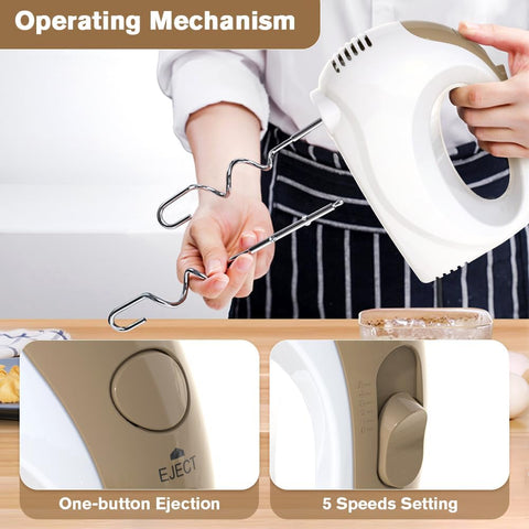Hand Electric Mixer 180W – 5-Speed Handheld Beater with Turbo, Eject Button & 5 Stainless Steel Attachments for Baking, Cake & Dough