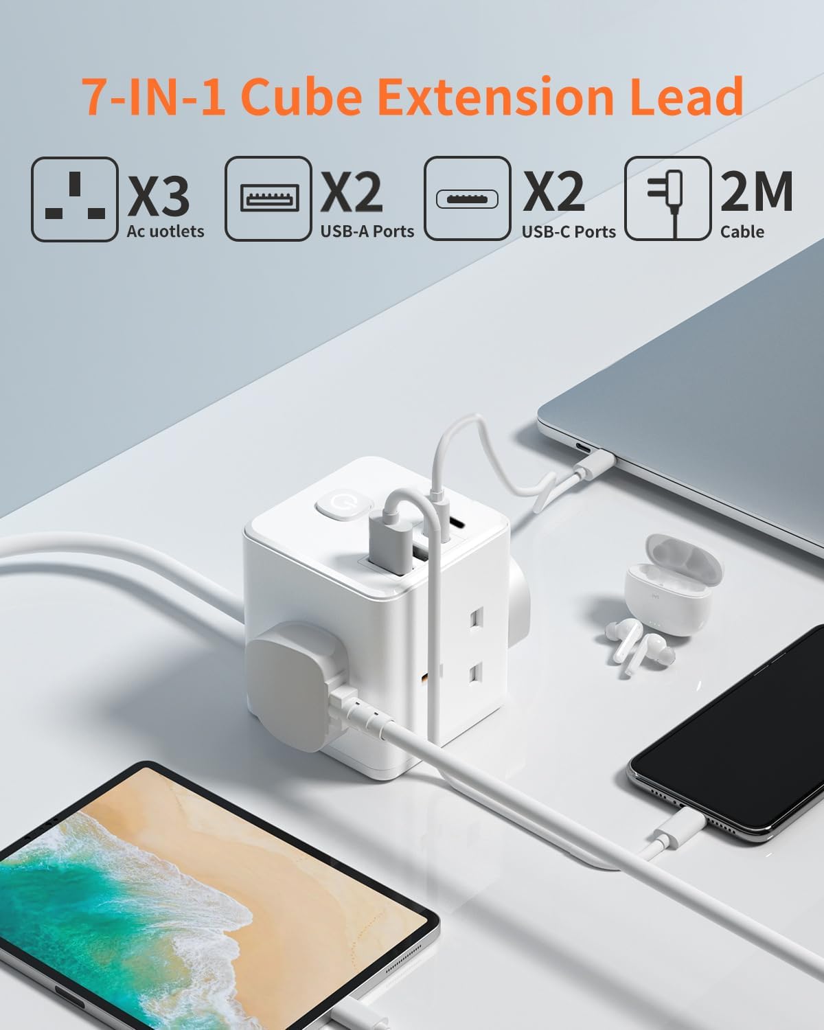 7-in-1 cube extension lead with multiple ports and devices on a light gray background