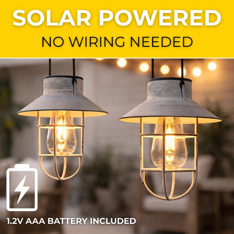 Festive Lights - 2 Pack of 71cm Grey Solar Fisherman Outdoor Stake Light with Hanging Lantern - Warm White Filament Effect LED, Antique Rustic Metal Look, IP44 Rated, Cage Finish, Integrated Panel