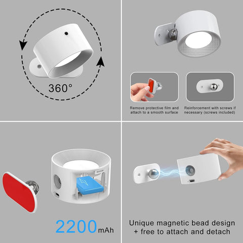 LED Silver Wall Light, 2Pack Wall Lamp with Reomte Control 3 Brightness Levels 360°Rotate Magnetic, Battery Operated Wall Lights for Living Room Bedroom Reading