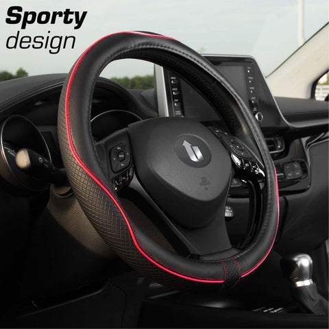 Upgrade4cars Red Black Leather Look Steering Wheel Cover