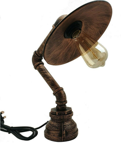 Vintage Steampunk Pipe Table Lamp – Brushed Copper E27 Industrial Desk Light with Metal Lampshade & Inline Switch