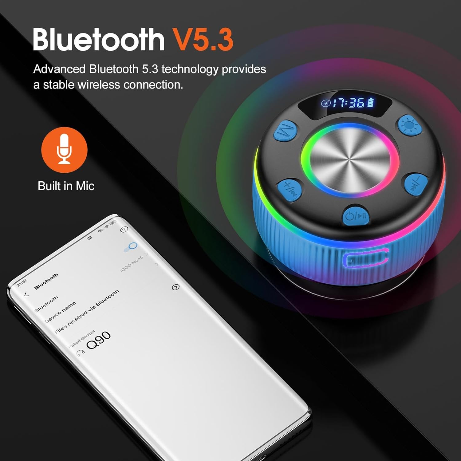 Bluetooth speaker with colorful LED lights and smartphone showing Bluetooth connection on a dark background