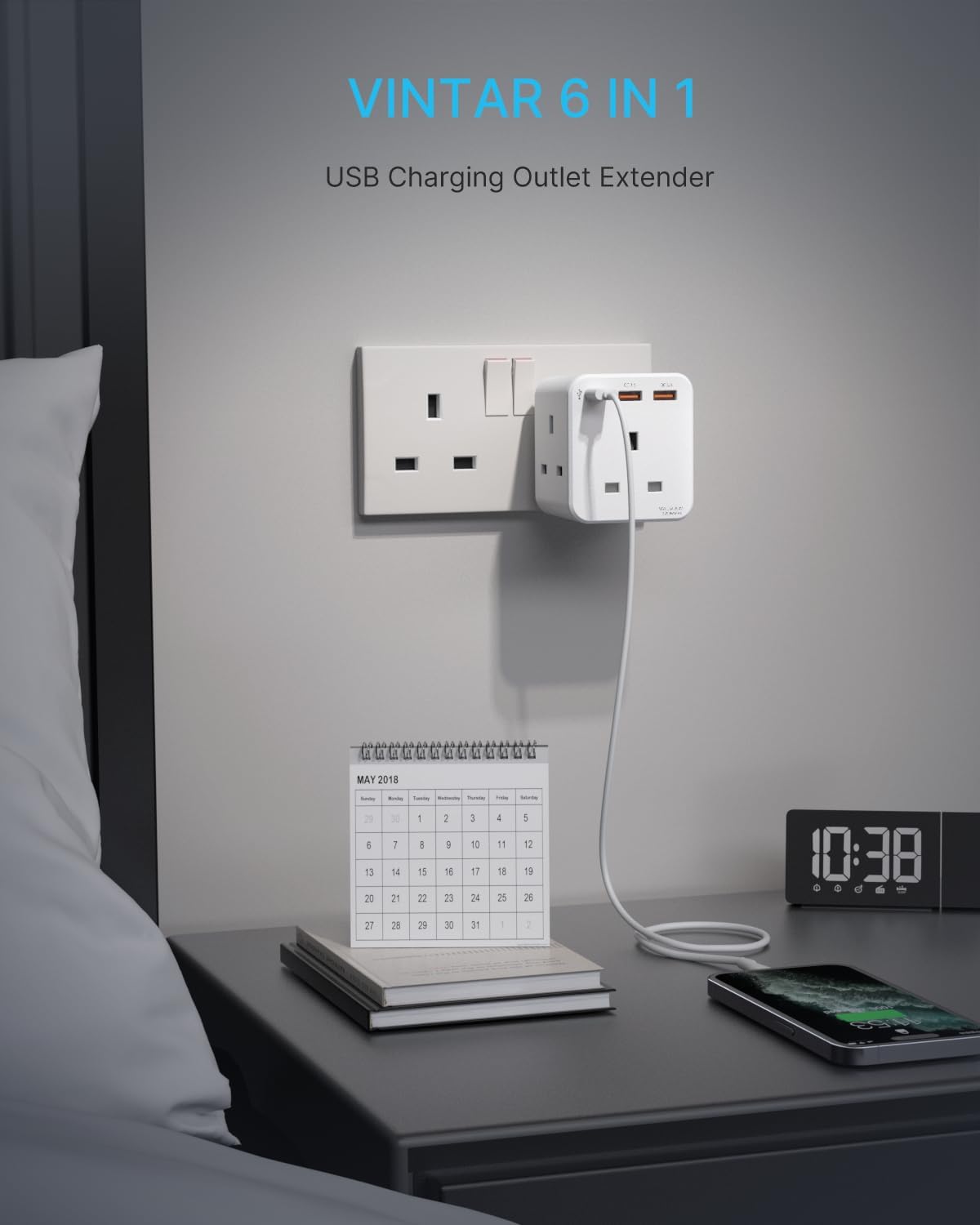 Vintar 6-in-1 USB charging outlet extender on a nightstand with a phone and calendar.