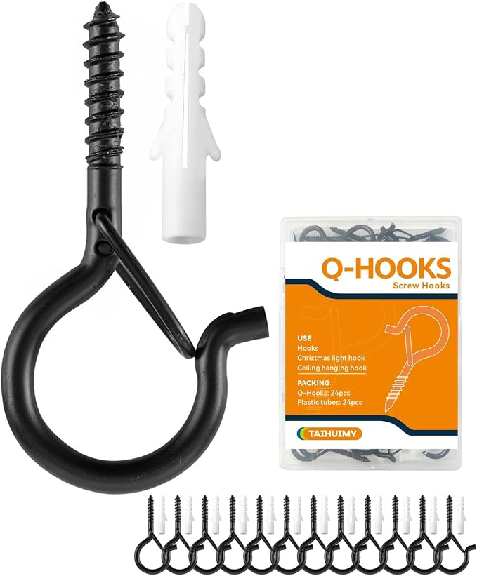 TAIHUIMY Screw Hooks for Outdoor String Lights – 24 Pack Q-Hanger Hooks with Safety Buckle for Christmas Lights, Plants & Hanging Decorations – Keep Every Hanging Detail Secure