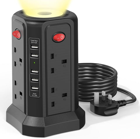 Tower Extension Lead with USB Ports, 8 Socket Outlets, Surge Protection & 3-Level Night Light – Keep Your Everyday Devices Powered Without the Plug-In Chaos