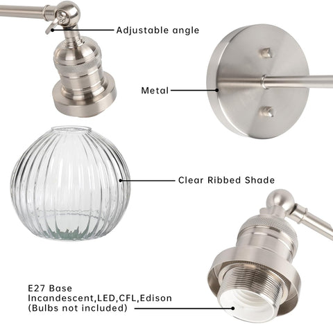 Modern Indoor Vintage Wall Light Sconce with Clear Striped Glass Globe for Farmhouse Living Room Bedroom Bathroom