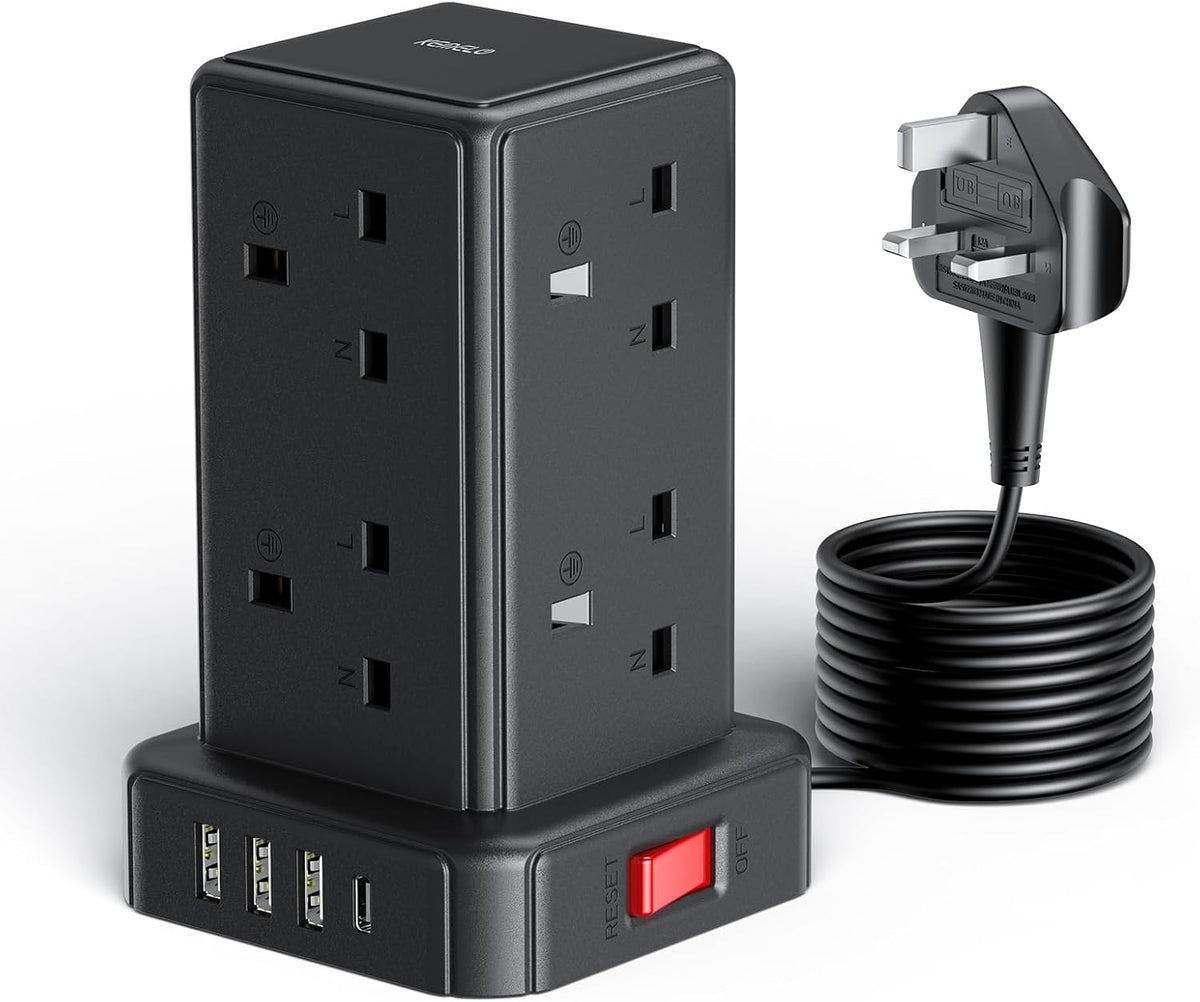 Kemelo Tower Extension Lead – 8-Way Multi Plug with 4 USB Ports, 2M Cable, 13A 3250W Surge Protection – Bring Order to Your Busy Charging Corner