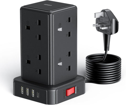 Kemelo Tower Extension Lead – 8-Way Multi Plug with 4 USB Ports, 2M Cable, 13A 3250W Surge Protection – Bring Order to Your Busy Charging Corner